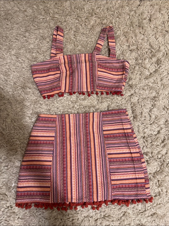 Cider Dresses & Skirts - Cider Pink & Orange Striped Pom-Pom Two-Piece Skirt Set